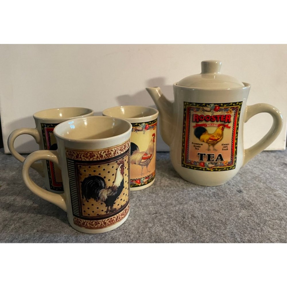 Vintage Bay Island Inc. Rooster Tea pot and 3 Mugs  #1069